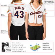 Load image into Gallery viewer, Custom Women&#39;s White Navy-Orange V-Neck Cropped Baseball Jersey
