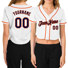 Load image into Gallery viewer, Custom Women&#39;s White Navy-Orange V-Neck Cropped Baseball Jersey
