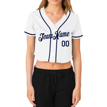Load image into Gallery viewer, Custom Women&#39;s White Navy V-Neck Cropped Baseball Jersey
