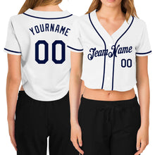 Load image into Gallery viewer, Custom Women&#39;s White Navy V-Neck Cropped Baseball Jersey
