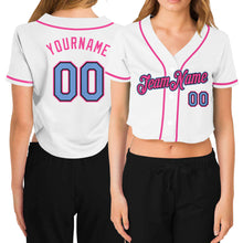 Load image into Gallery viewer, Custom Women&#39;s White Light Blue Black-Pink V-Neck Cropped Baseball Jersey
