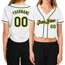 Load image into Gallery viewer, Custom Women&#39;s White Green-Gold V-Neck Cropped Baseball Jersey
