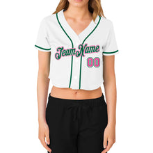 Load image into Gallery viewer, Custom Women&#39;s White Pink-Green V-Neck Cropped Baseball Jersey
