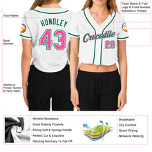 Load image into Gallery viewer, Custom Women&#39;s White Pink-Green V-Neck Cropped Baseball Jersey
