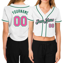 Load image into Gallery viewer, Custom Women&#39;s White Pink-Green V-Neck Cropped Baseball Jersey
