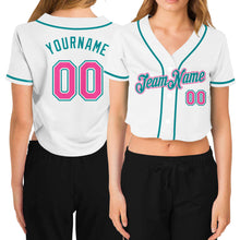 Load image into Gallery viewer, Custom Women&#39;s White Pink-Aqua V-Neck Cropped Baseball Jersey
