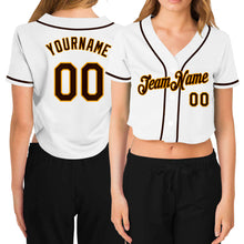 Load image into Gallery viewer, Custom Women&#39;s White Brown-Gold V-Neck Cropped Baseball Jersey
