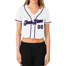 Load image into Gallery viewer, Custom Women&#39;s White Purple-Black V-Neck Cropped Baseball Jersey
