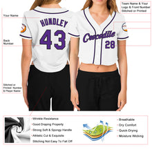 Load image into Gallery viewer, Custom Women&#39;s White Purple-Black V-Neck Cropped Baseball Jersey
