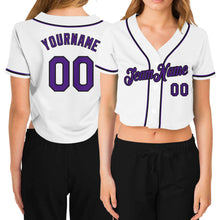 Load image into Gallery viewer, Custom Women&#39;s White Purple-Black V-Neck Cropped Baseball Jersey
