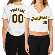 Load image into Gallery viewer, Custom Women&#39;s White Black-Gold V-Neck Cropped Baseball Jersey
