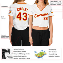 Load image into Gallery viewer, Custom Women&#39;s White Red-Gold V-Neck Cropped Baseball Jersey
