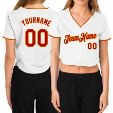 Load image into Gallery viewer, Custom Women&#39;s White Red-Gold V-Neck Cropped Baseball Jersey
