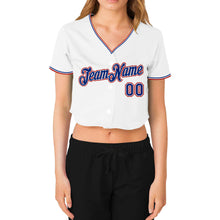 Load image into Gallery viewer, Custom Women&#39;s White Royal-Red V-Neck Cropped Baseball Jersey
