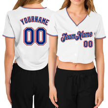 Load image into Gallery viewer, Custom Women&#39;s White Royal-Red V-Neck Cropped Baseball Jersey
