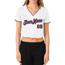 Load image into Gallery viewer, Custom Women&#39;s White Navy-Red V-Neck Cropped Baseball Jersey
