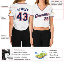 Load image into Gallery viewer, Custom Women&#39;s White Navy-Red V-Neck Cropped Baseball Jersey
