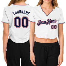Load image into Gallery viewer, Custom Women&#39;s White Navy-Red V-Neck Cropped Baseball Jersey
