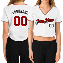 Load image into Gallery viewer, Custom Women&#39;s White Red-Black V-Neck Cropped Baseball Jersey
