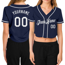 Load image into Gallery viewer, Custom Women&#39;s Navy White V-Neck Cropped Baseball Jersey
