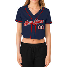 Load image into Gallery viewer, Custom Women&#39;s Navy Red-White V-Neck Cropped Baseball Jersey
