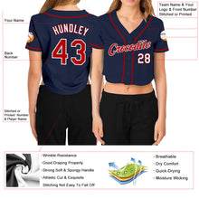 Load image into Gallery viewer, Custom Women&#39;s Navy Red-White V-Neck Cropped Baseball Jersey
