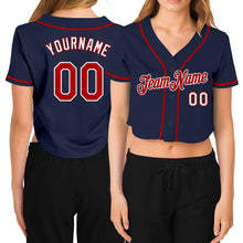 Load image into Gallery viewer, Custom Women&#39;s Navy Red-White V-Neck Cropped Baseball Jersey

