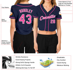 Custom Women's Navy Pink-White V-Neck Cropped Baseball Jersey