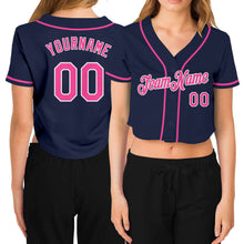 Load image into Gallery viewer, Custom Women&#39;s Navy Pink-White V-Neck Cropped Baseball Jersey

