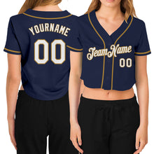 Load image into Gallery viewer, Custom Women&#39;s Navy White-Old Gold V-Neck Cropped Baseball Jersey
