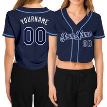 Load image into Gallery viewer, Custom Women&#39;s Navy Navy-White V-Neck Cropped Baseball Jersey
