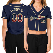 Load image into Gallery viewer, Custom Women&#39;s Navy Vintage USA Flag-Cream V-Neck Cropped Baseball Jersey
