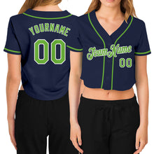 Load image into Gallery viewer, Custom Women&#39;s Navy Neon Green-White V-Neck Cropped Baseball Jersey

