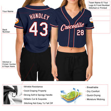 Load image into Gallery viewer, Custom Women&#39;s Navy White-Red V-Neck Cropped Baseball Jersey
