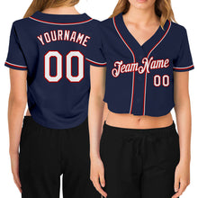 Load image into Gallery viewer, Custom Women&#39;s Navy White-Red V-Neck Cropped Baseball Jersey
