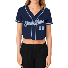 Load image into Gallery viewer, Custom Women&#39;s Navy Light Blue-White V-Neck Cropped Baseball Jersey
