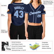 Load image into Gallery viewer, Custom Women&#39;s Navy Light Blue-White V-Neck Cropped Baseball Jersey
