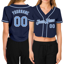 Load image into Gallery viewer, Custom Women&#39;s Navy Light Blue-White V-Neck Cropped Baseball Jersey
