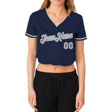 Load image into Gallery viewer, Custom Women&#39;s Navy Gray-White V-Neck Cropped Baseball Jersey
