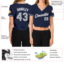 Load image into Gallery viewer, Custom Women&#39;s Navy Gray-White V-Neck Cropped Baseball Jersey
