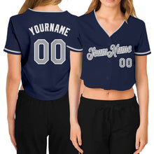 Load image into Gallery viewer, Custom Women&#39;s Navy Gray-White V-Neck Cropped Baseball Jersey
