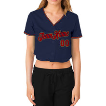 Load image into Gallery viewer, Custom Women&#39;s Navy Red-Old Gold V-Neck Cropped Baseball Jersey
