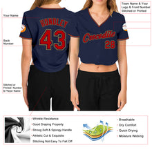 Load image into Gallery viewer, Custom Women&#39;s Navy Red-Old Gold V-Neck Cropped Baseball Jersey
