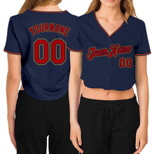 Load image into Gallery viewer, Custom Women&#39;s Navy Red-Old Gold V-Neck Cropped Baseball Jersey
