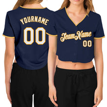 Load image into Gallery viewer, Custom Women&#39;s Navy White-Gold V-Neck Cropped Baseball Jersey
