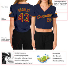 Load image into Gallery viewer, Custom Women&#39;s Navy Crimson-Gold V-Neck Cropped Baseball Jersey
