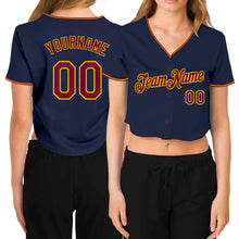 Load image into Gallery viewer, Custom Women&#39;s Navy Crimson-Gold V-Neck Cropped Baseball Jersey
