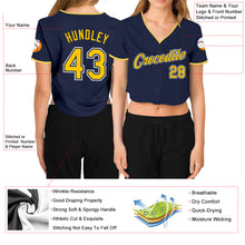 Load image into Gallery viewer, Custom Women&#39;s Navy Gold-White V-Neck Cropped Baseball Jersey
