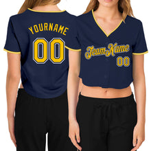 Load image into Gallery viewer, Custom Women&#39;s Navy Gold-White V-Neck Cropped Baseball Jersey
