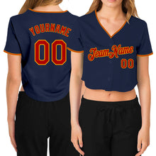 Load image into Gallery viewer, Custom Women&#39;s Navy Red-Gold V-Neck Cropped Baseball Jersey
